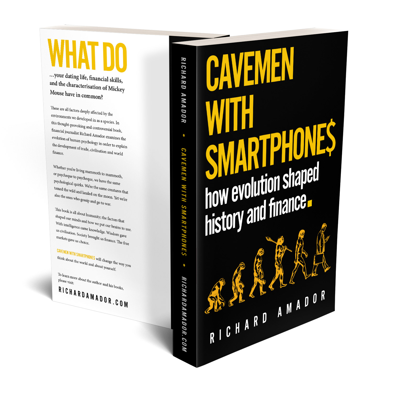 'Cavemen With Smartphones' is tongue-in-cheek meditation on the links between evolution, history and finance. The author is Richard Amador. The book cover & interior design is by Mark Thomas. To learn more about what Mark could do for your book, please visit coverness.com.