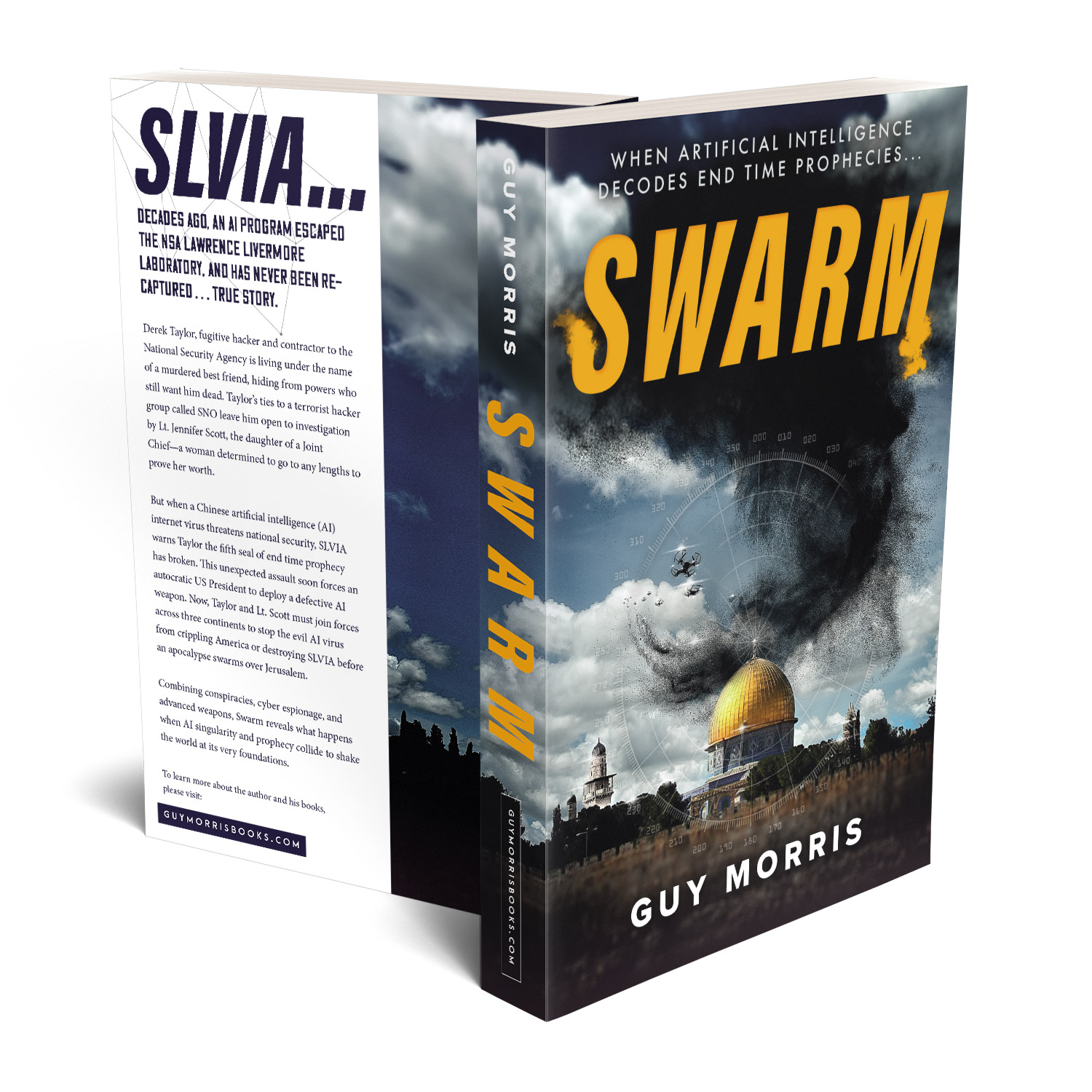 'Swarm' is a globe-spanning, apocalyptic AI tech thriller by author Guy Morris. The book cover and interior design are by Mark Thomas. To learn more about what Mark could do for your book, please visit coverness.com.