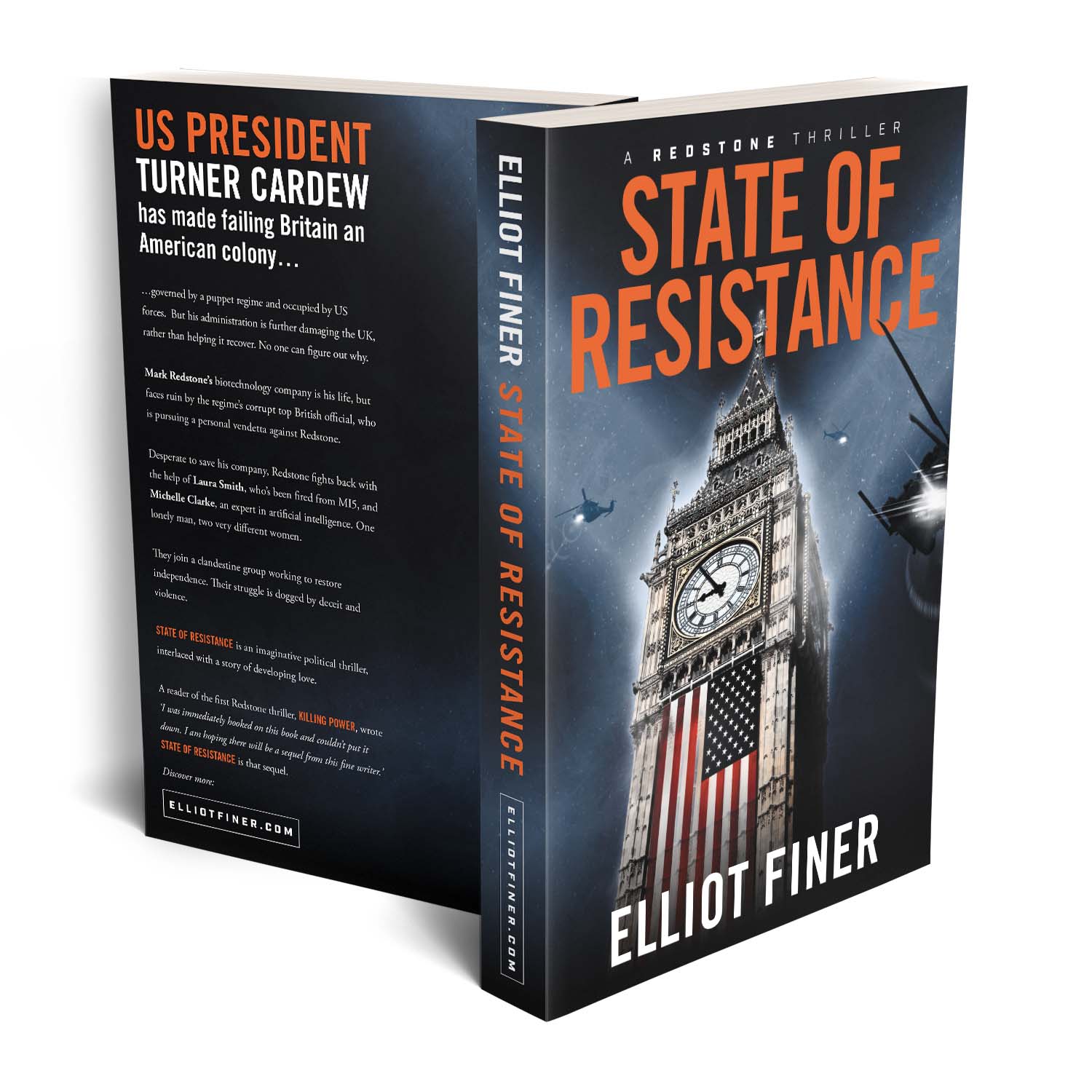 'State of Resistance' is a twisting near-future conspiracy thriller. The author is Elliot Finer. The book cover was designed by Mark Thomas of coverness.com. To find out more about my book design services, please visit www.coverness.com