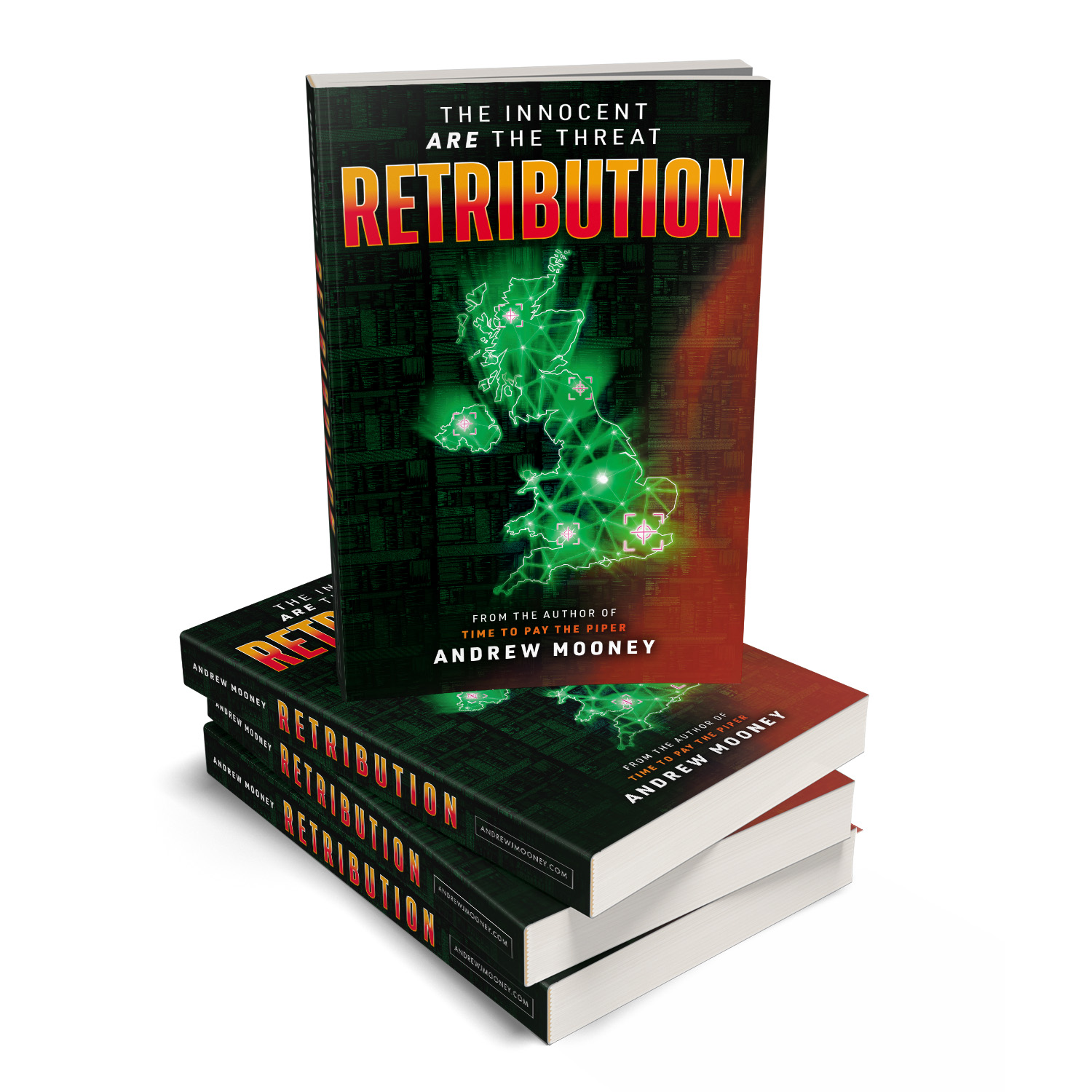 'Retribution' is a dramatic techno-terrorism thriller. The author is Andrew Mooney. The book cover and interior formatting are designed by Mark Thomas of coverness.com. To find out more about my book design services, please visit www.coverness.com