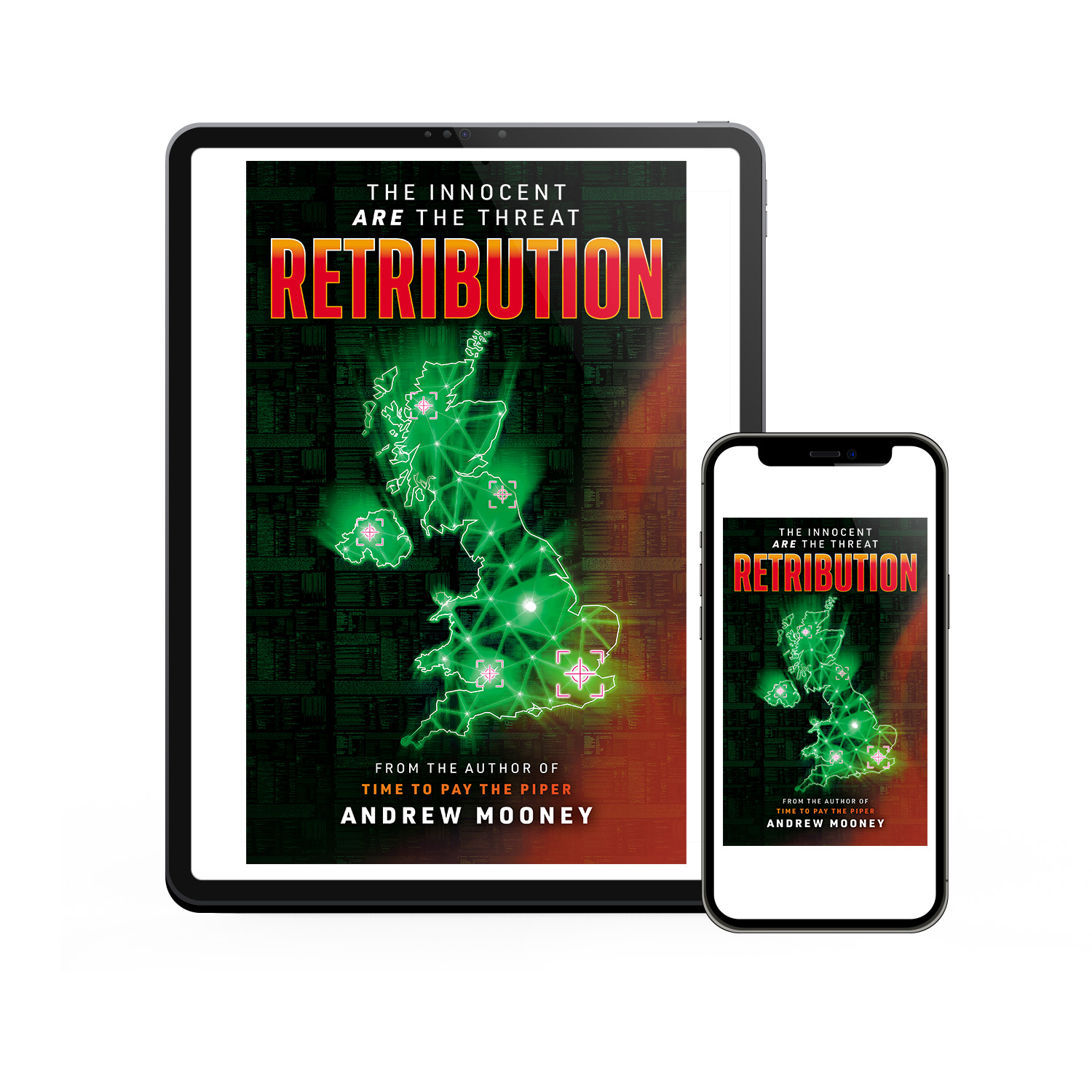 'Retribution' is a dramatic techno-terrorism thriller. The author is Andrew Mooney. The book cover and interior formatting are designed by Mark Thomas of coverness.com. To find out more about my book design services, please visit www.coverness.com