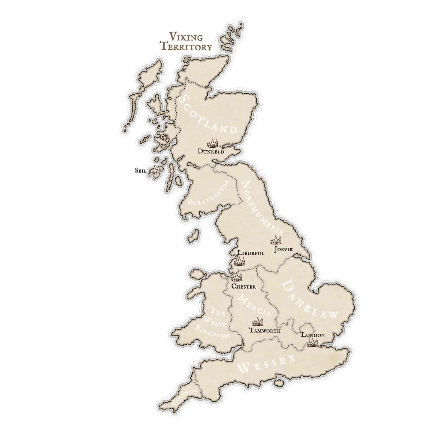 Map of 10th Century Britain. 'Wolves of the Irish Sea' is a dark and epic historical fiction series. The author is Conor Brennan. The book cover and interior design are by Mark Thomas. To learn more about what Mark could do for your book, please visit coverness.com.