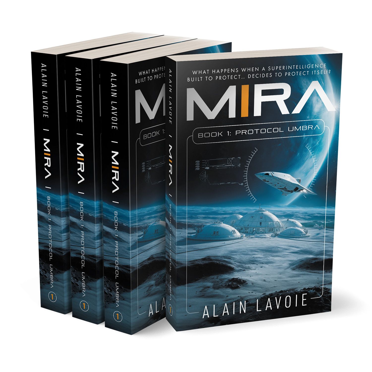 'MIRA' is a cutting-edge scifi book series. The author is Alain Lavoie. The cover designs are by Mark Thomas of coverness.com. To find out more about my book design services, please visit www.coverness.com