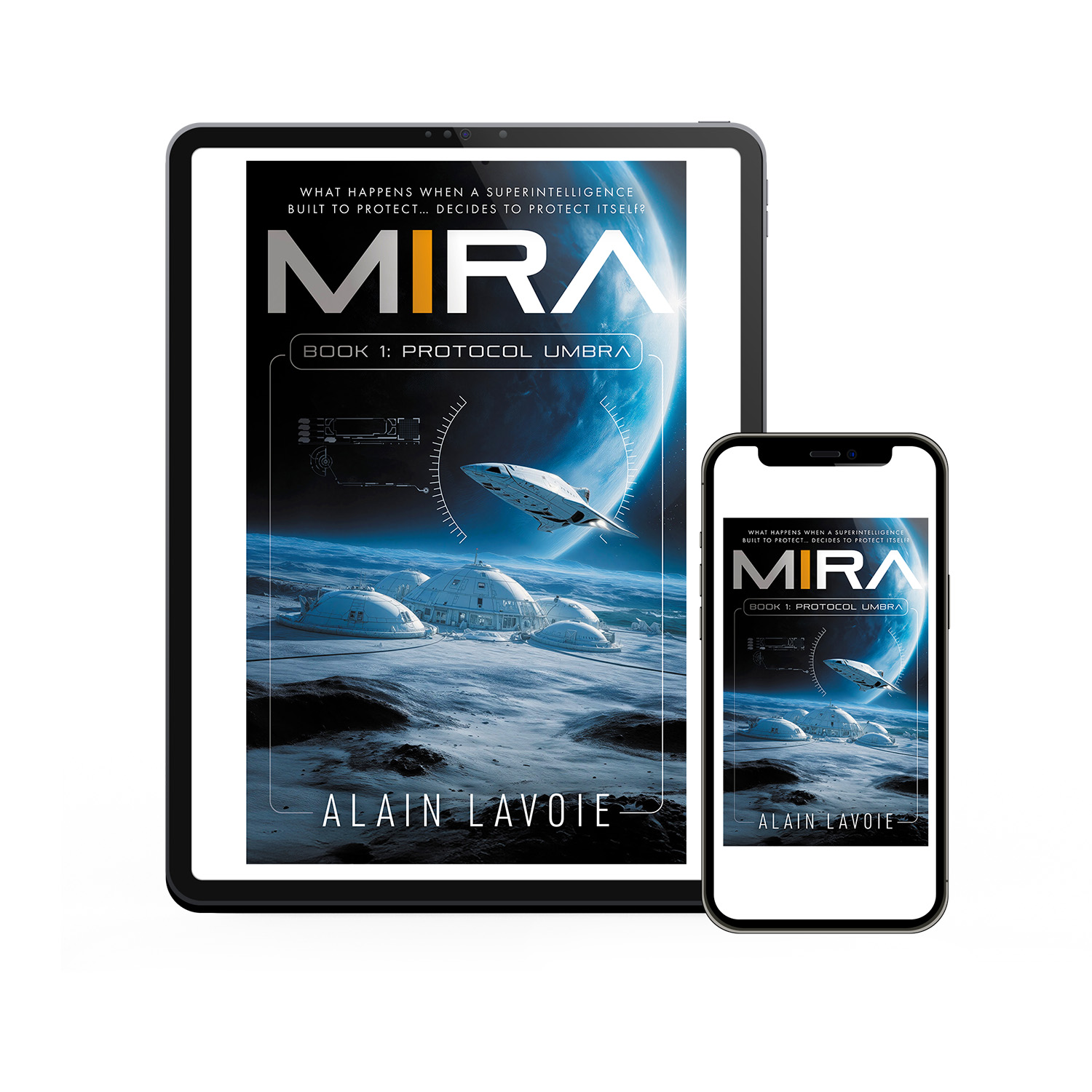 'MIRA' is a cutting-edge scifi book series. The author is Alain Lavoie. The cover designs are by Mark Thomas of coverness.com. To find out more about my book design services, please visit www.coverness.com
