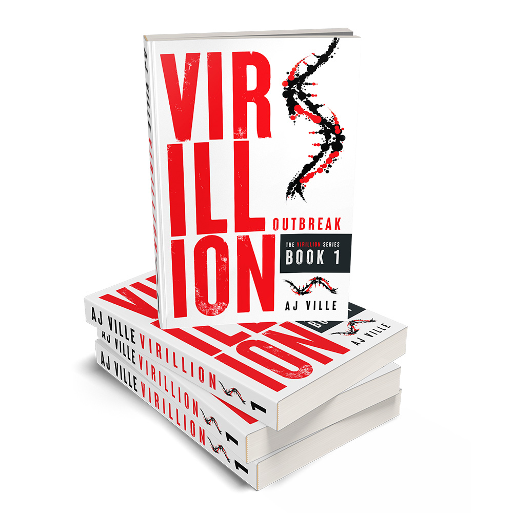 'Virillion': an epic viral apocalypse scifi thriller series. The author is AJ Ville. The cover design & interior formatting are by Mark Thomas of coverness.com. To find out more about my book design services, please visit www.coverness.com